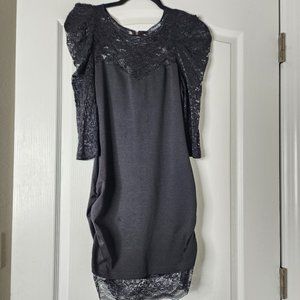 Solid Zipper Back Bodycon Dress with lace poofy sleeves